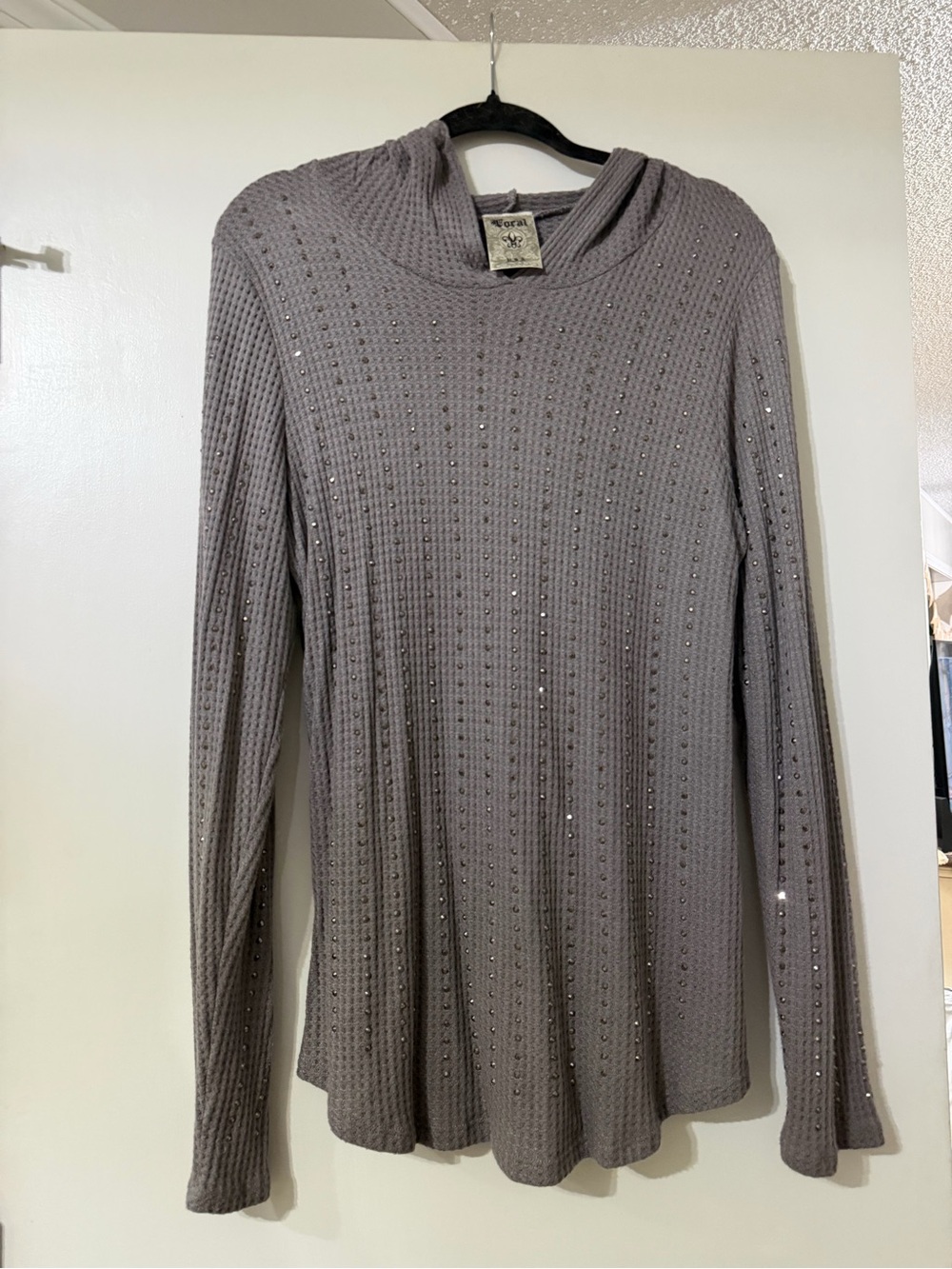 Vocal Gray Hooded Knit Top with Subtle Rhinestones